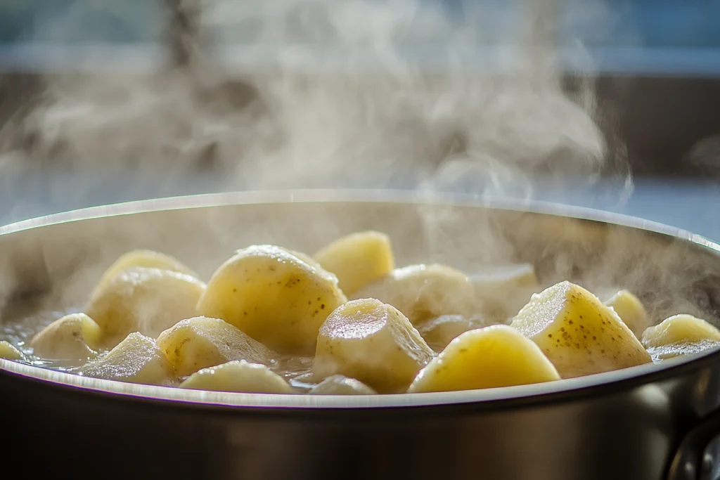 Steaming hot boiled potatoes in a pot, ready for making potato salad.