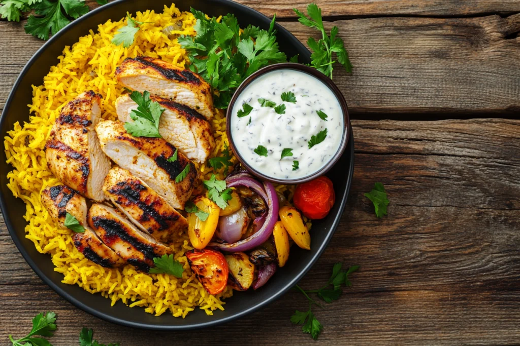 A delicious plate of yellow rice topped with grilled chicken slices, served alongside roasted vegetables and a bowl of creamy yogurt sauce, garnished with fresh parsley.