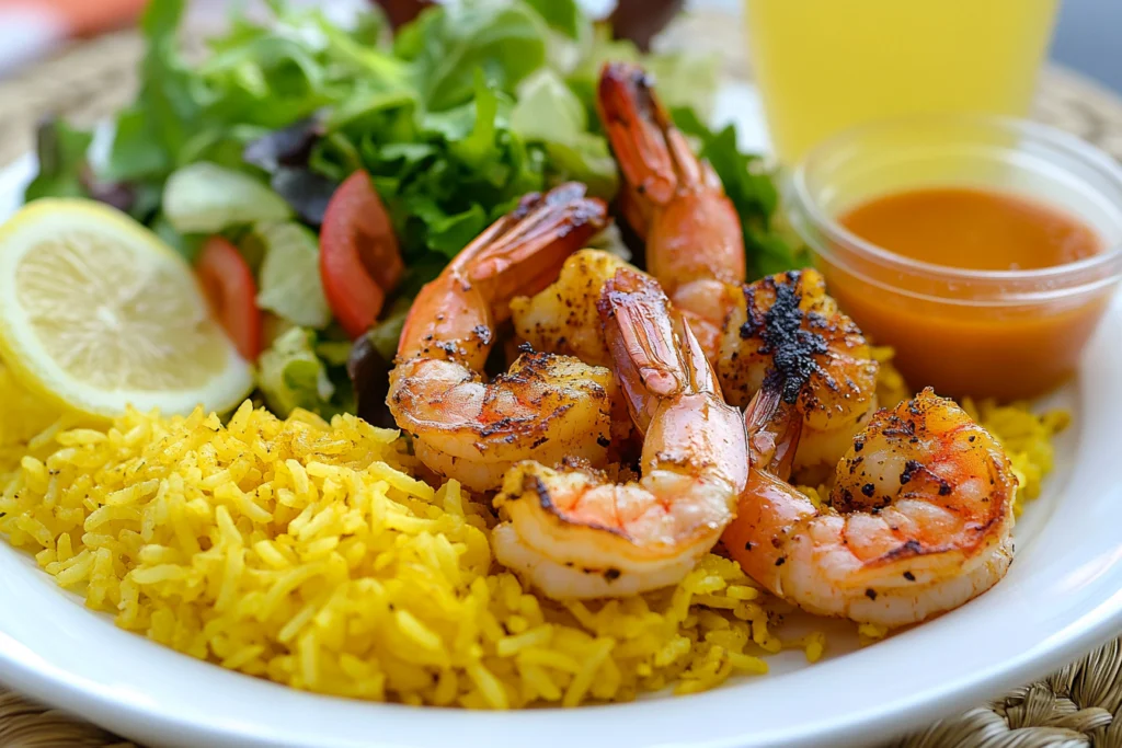 A plate of vibrant yellow rice topped with grilled shrimp, served with a fresh green salad, a slice of lemon, and a side of dipping sauce.