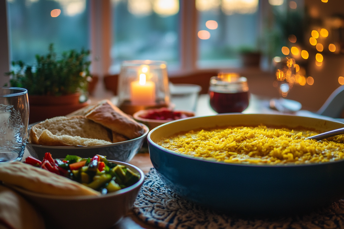 A cozy dining table setup featuring a large bowl of yellow rice, fresh bread, a vegetable salad, and glowing candles in the background.