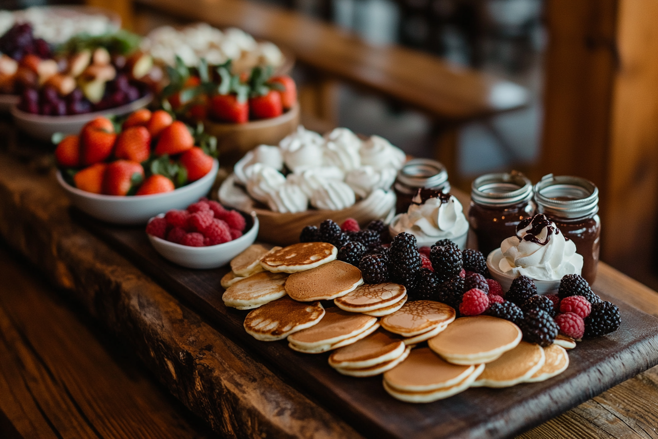 A rustic serving board displaying an assortment of mini pancakes surrounded by bowls of fresh berries, whipped cream, and chocolate sauce jars, creating a cozy and inviting breakfast spread.