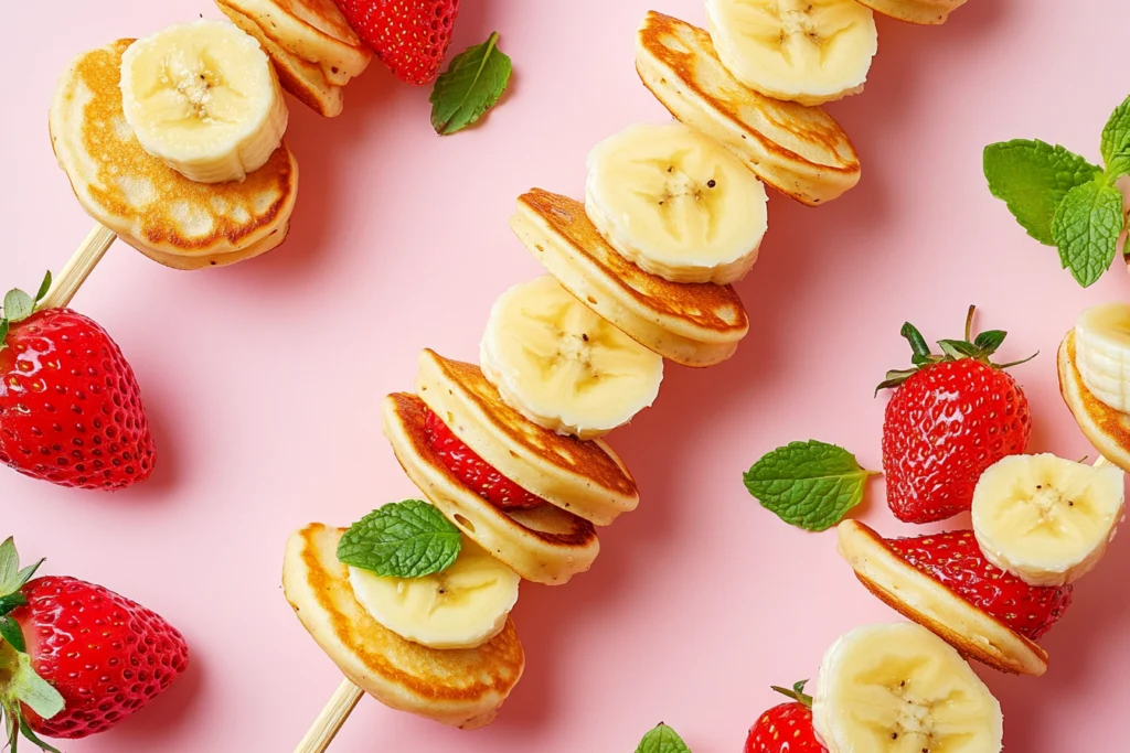 Mini pancake skewers with banana slices, strawberries, and fresh mint leaves arranged on a pink background for a colorful and fun snack idea.