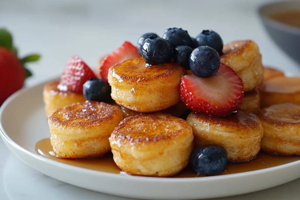 A plate of golden-brown mini pancakes topped with fresh blueberries, strawberry slices, and drizzled with maple syrup for a sweet and delicious breakfast.