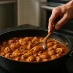 Hand stirring a skillet of Chicken Mushroom Masala in a rich, spiced sauce on a black marble countertop in a modern kitchen.