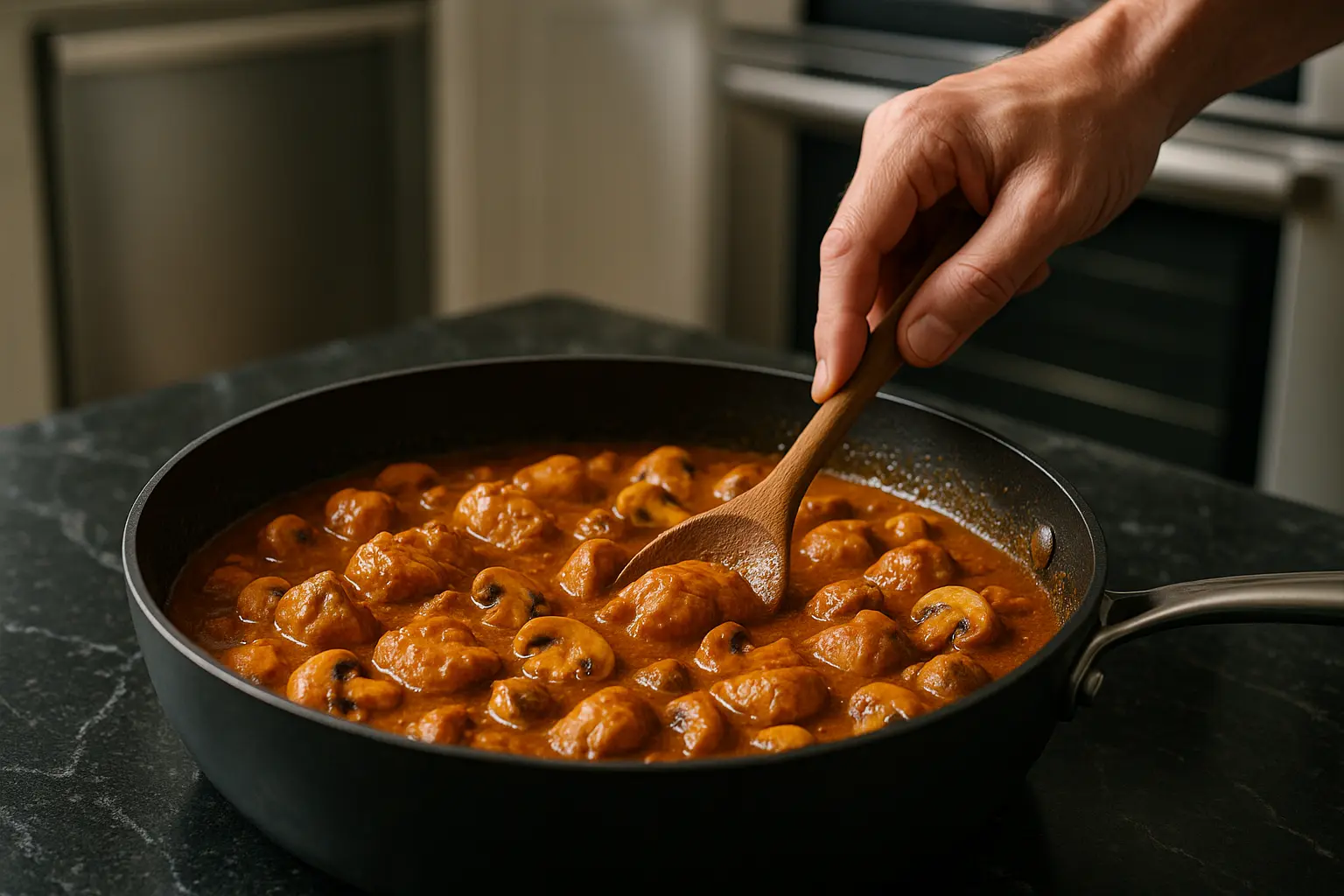 Hand stirring a skillet of Chicken Mushroom Masala in a rich, spiced sauce on a black marble countertop in a modern kitchen.